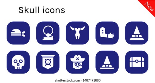 skull icon set. 10 filled skull icons.  Simple modern icons about  - Pirate, Cowboy, Skull, Tattoo, Witch, Yorick, Jolly roger, Treasure