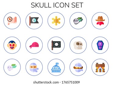 skull icon set. 15 flat skull icons. Included treasure map, dracula, pirate flag, pirate scarf, sheriff, jolly roger, fossil, cowboy, coffin, mummy, madame tussauds, spooky icons