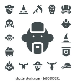 skull icon set. 17 filled skull icons.  Simple modern icons such as: Pirate, Skull, Vampire, Punk, Wagon, Witch, Jolly roger, Scythe, Coffin, Pirate scarf