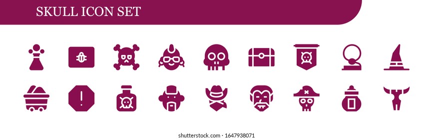 skull icon set. 18 filled skull icons.  Simple modern icons such as: Poison, Spam, Skull, Punk, Treasure, Jolly roger, Cowboy, Witch, Wagon, Toxic, Dracula, Pirate, Ossuary
