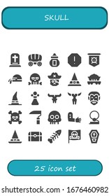 skull icon set. 25 filled skull icons.  Simple modern icons such as: Gravestone, Wagon, Ossuary, Spam, Jolly roger, Pirate scarf, Skull, Witch, Poison, Dracula, Scythe, Tattoo