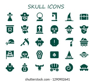 skull icon set. 30 filled skull icons. Simple modern icons about  - Poison, Skull, Cowboy, Gallow, Witch, Treasure, Jolly roger, Gravestone, Yorick, Pirate, Pirate scarf, Scythe