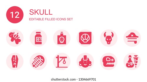 skull icon set. Collection of 12 filled skull icons included Voodoo, Poison, Fossil, Skull, Coffin, Gallows, Punk, Pirate hat