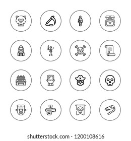 Skull icon set. collection of 16 outline skull icons with eye patch, frankenstein, mummy, organ, pirates, pirate, reaper, skull, scythe, treasure, werewolf icons.