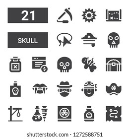 skull icon set. Collection of 21 filled skull icons included Treasure, Poison, Radioactivity, Gallows, Pirate hat, Pirate, Cowboy, Vampire, Voodoo, Skull, Ransomware, Lasso, Treasure map