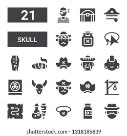 skull icon set. Collection of 21 filled skull icons included Cowboy, Poison, Eyepatch, Treasure, Gallows, Pirate hat, Pirate, Bull skull, Radioactivity, Punk, Mexican, Cigar, Coffin