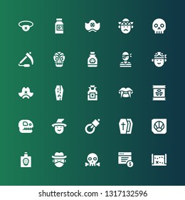 skull icon set. Collection of 25 filled skull icons included Treasure map, Ransomware, Skull, Cowboy, Poison, Fossil, Coffin, Gallows, Witch, Radioactive, Vampire, Pirate hat
