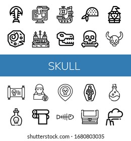 skull icon set. Collection of Fossil, Online robbery, Pirate ship, Skull, Bandana, Witch, Treasure map, Poison, Pirate, Print cylinder, Fishbone, Mummy, Treasure, Pollution icons