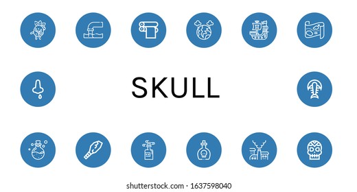 skull icon set. Collection of Zombie, Pollution, Print cylinder, Pirate ship, Treasure map, Poison, Weapon, Skull, Nose bleeding, Fossil icons