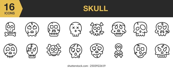 Skull icon set. Includes pirates skull, broken skull, horror, helloween, and More. Outline icons vector collection.