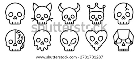 Skull icon set line outline collection for spooky symbols including alien cat cybernetic crowned and horned skulls