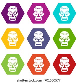 Skull icon set many color hexahedron isolated on white vector illustration