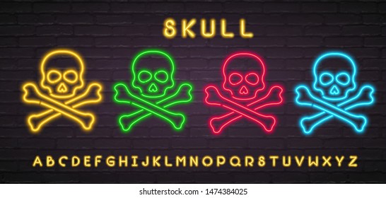 Skull Icon Set Neon Light Glowing Vector Illustration with Yellow Alphabet Bright