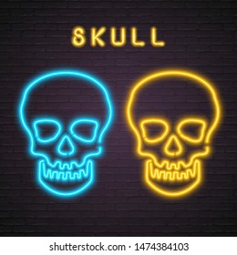 Skull Icon Set Neon Light Glowing Vector Illustration with Dark Background