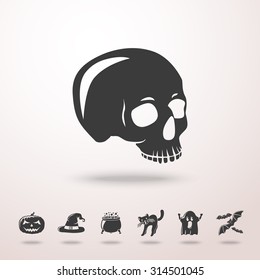 Skull icon with shadow and set of HALLOWEEN icons -pumpkin, witch hat, cauldron, skull, cat, ghost, bats. Vector