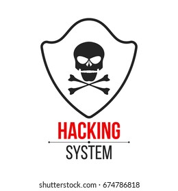 Skull icon with shield on white background. The hacker hacked the system. Cyber crime. Web programming. Icon in a flat style. Vector illustration