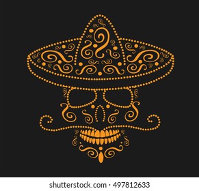 Skull icon with sombrero and moustache mexican neon orange color 