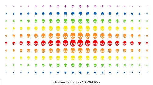 Skull icon spectrum halftone pattern. Vector skull objects are arranged into halftone array with vertical spectrum gradient. Designed for backgrounds, covers, templates and abstraction effects.
