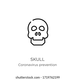 Skull icon. Thin linear skull outline icon isolated on white background from Coronavirus Prevention collection. Modern line vector sign, symbol, stroke for web and mobile