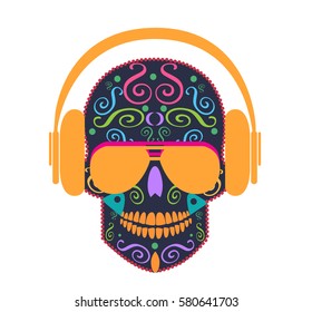Skull icon vector with headphones and sunglasses 