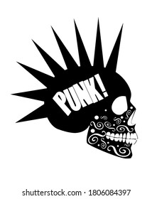 Skull icon vector with punk text, white background 