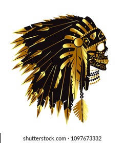 A skull icon wearing American Indian war bonnet gold color. Vector background