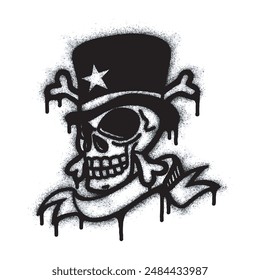 Skull icon wearing a hat slash Graffiti Spray Paint Sprayed isolated on white background. over-sprayed graffiti skull symbol in black on white.