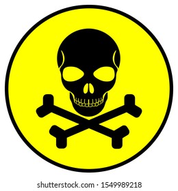 Skull icon in yellow circle. Black symbol of skull, round icon. Danger and death concept. 