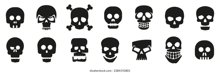 Skull icons in black. Set of skull signs. Death, caution, mortality, warning, poison symbols. Funny skull logo. 