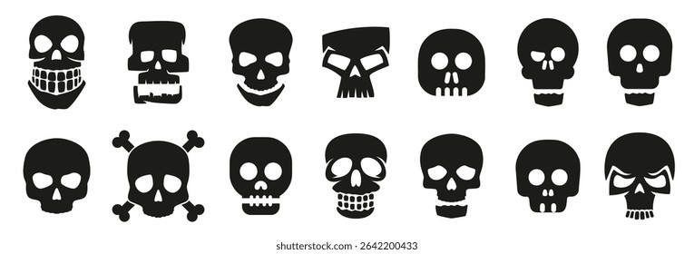 Skull icons in black. Set of skull signs. Death, caution, mortality, warning, poison symbols. Death skull or human skull icons