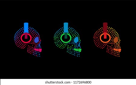 Skull icons with headphones, halftone neon color background