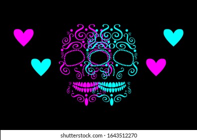 Skull icons in love withe hearts, pink and blue neon background