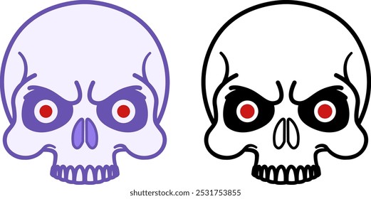 Skull Icons with Red Eyes. Vector Icons of Creepy Human Skull. Zombie Outbreak. Halloween Concept