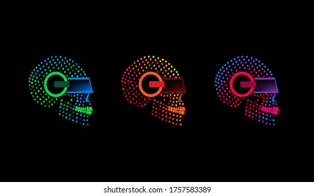 Skull icons robots with technology sf sunglasses, halftone neon color background