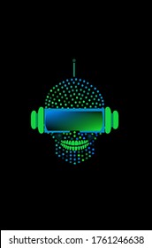 Skull icons robots with technology sunglasses. Artificial intelligence halftone neon color background
