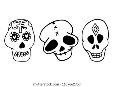 Skull icons set in hand drawn style. Day of the Dead card in hand drawn style. For Day of the Dead card, stickers, creative design