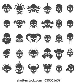Skull icons vector set. Skulls signs for bikers tattoo, halloween decor and rocker emblems