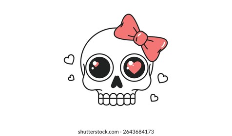 A Skull Illustration with Big Eyes a Bow and Love Hearts Illustration Design