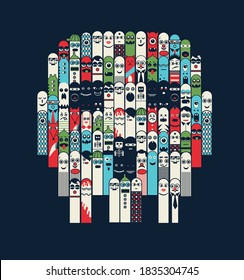 Ilustración de cráneo compuesta de monstruos lindos. Diseño gráfico de camisetas divertidas.