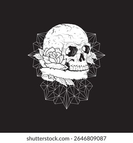 Skull illustration design with floral elements and geometric lines as background. Suitable for design elements or other needs