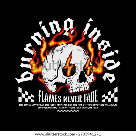 skull illustration with flames inside and bold typography in an edgy style. Perfect for streetwear and graphic design