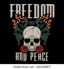 Skull illustration with freedom and peace slogan. Vector graphic design for t-shirt.