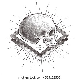 Skull illustration with geometric abstract elements. Grunge print template for tshirt. Vector stock art.