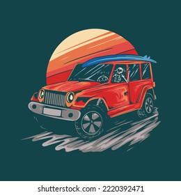 skull illustration going to the beach in an off road