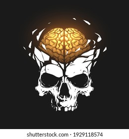Skull illustration with gold brain