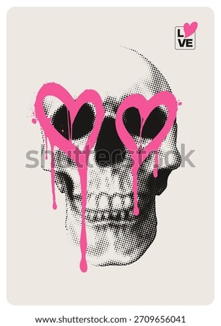 Skull illustration with halftone texture and pink heart graffiti over the eyes, bold Valentine design with edgy aesthetic and contrast style. Vector EPS10 graphics, Vector editable illustration.