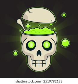 Skull illustration of Halloween, poison cauldron, skeleton head, cartoon style, 2D flat. Vector illustration.