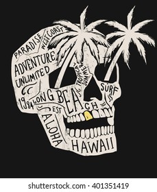 Skull illustration with Hawaiitypography for t-shirt print , vector illustration.