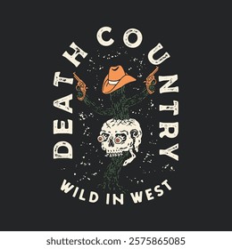 skull illustration head graphic cactus design cowboy badge death vintage western
