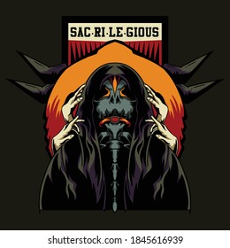 Skull Illustration and Horn on Badge Vintage Sacrilegious Title with many Hand Around Vector